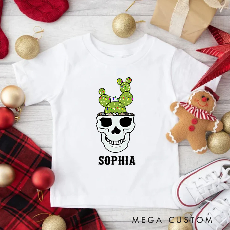 Personalized Skull with Reindeer Antlers and Festive Details Christmas Kids T-Shirt