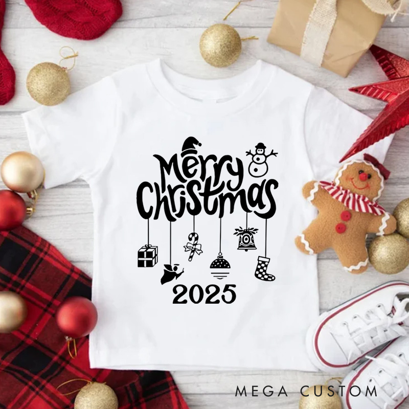 Personalized Gold Merry Christmas Text with Holiday Icons Christmas Kids T-Shirt