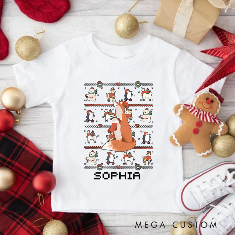 Personalized Reindeer with Snowman and Ugly Sweater Style Christmas Kids T-Shirt