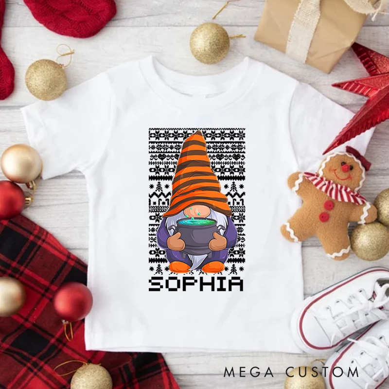Personalized Christmas Gnome with Stars and Festive Details Christmas Kids T-Shirt