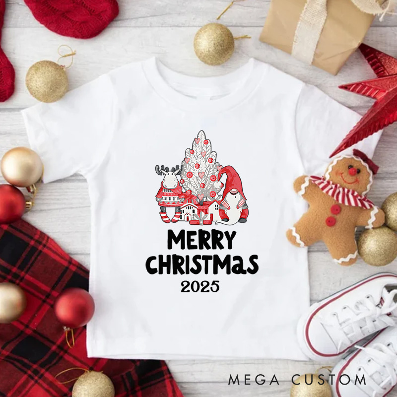 Personalized Santa with Merry Christmas Text and Snowflakes Christmas Kids T-Shirt