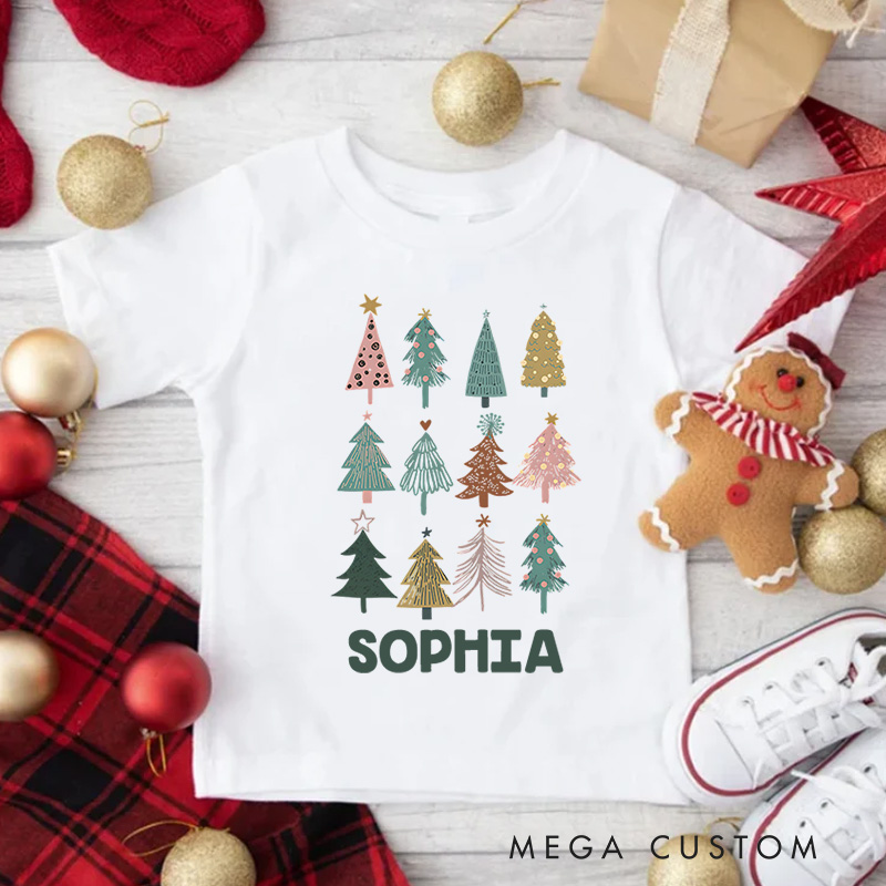 Personalized Patchwork Christmas Trees with Rustic Style Christmas Kids T-Shirt