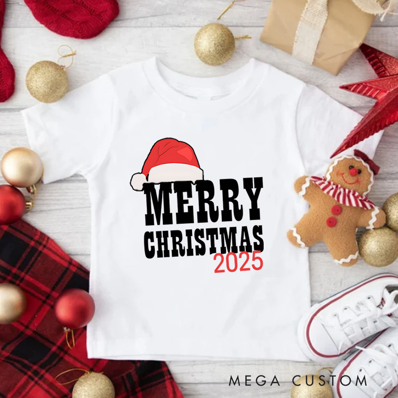 Personalized Merry Christmas with Santa Hat and Bold Text Christmas Kids T-Shirt