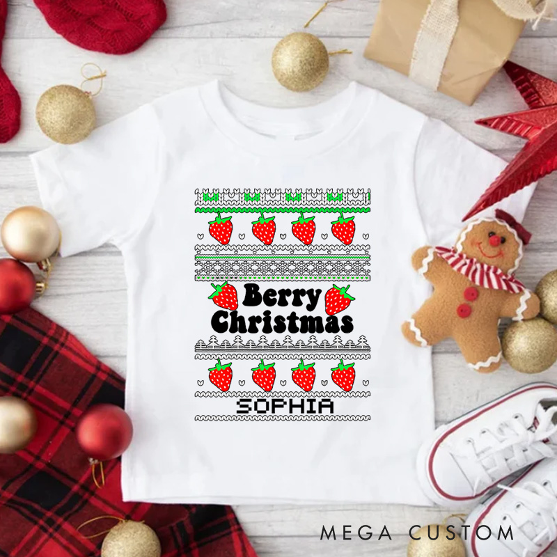 Personalized Berry Christmas with Festive Fruit and Patterns Christmas Kids T-Shirt