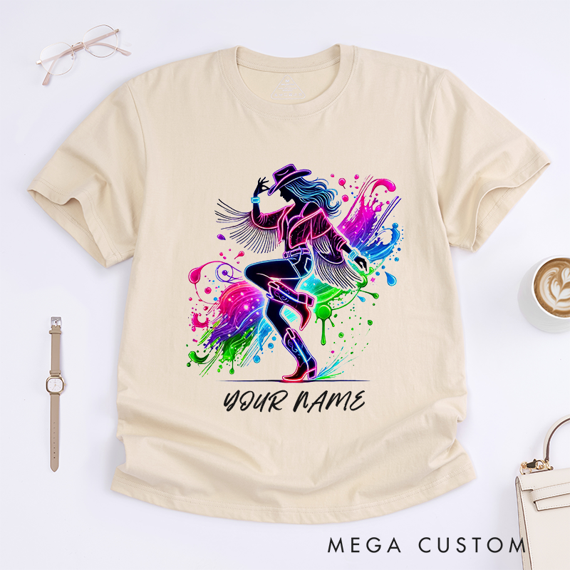 Personalized Neon Country Cowgirl Dance T-Shirts Custom Name Western Fringe Boots Gift Colorful Splash Art Unique Outfit for Women Friends