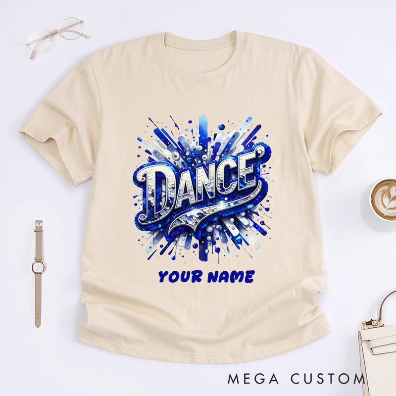 Personalized Dance T-Shirts Design Sequin Glitter Blue Sparkle Custom Name Gift for Women Unique Fashionable Dance Top for Girls Present Dancewear