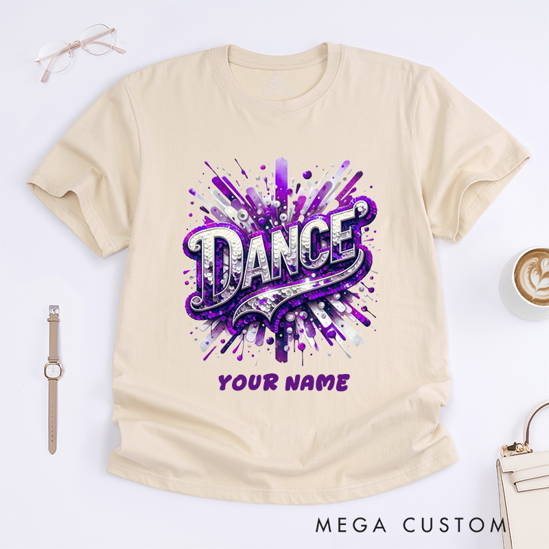 Personalized Dance T-Shirts Design Sequin Glitter Blue Sparkle Custom Name Gift for Women Unique Fashionable Dance Top for Girls Present Dancewear