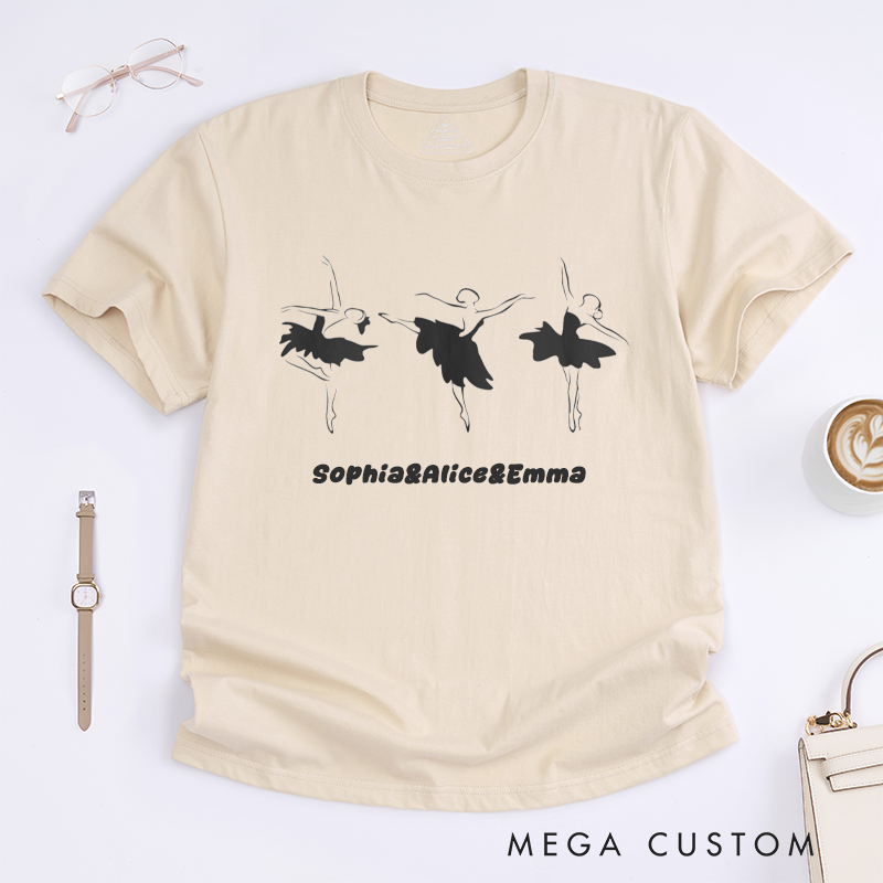 Personalized Ballet Dancer T-Shirts Women Custom Name Black Silhouette Ballet Skirt Elegant Dance Gift for Ballerina Present Dance Lover