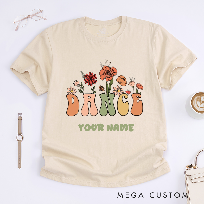 Personalized Dance Floral Graphic T-Shirts Custom Name Gift for Women Unique Flower Print Dance Top for Dance Lover