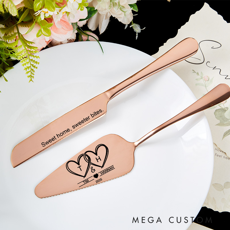 Personalized Cake Knife and Server Set Sweet Home Sweeter Bites Custom Housewarming Gift New Home Dining Accessories Heart Design for Couples