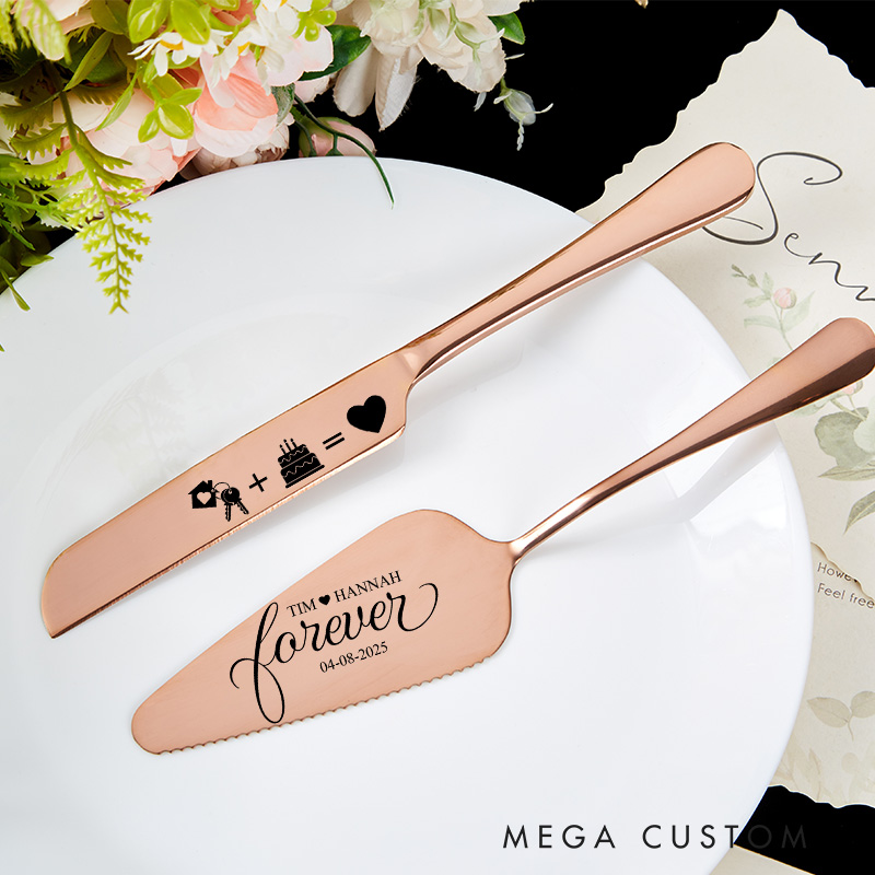 Personalized Cake Knife and Server Set Forever Love Custom Housewarming Gift New Home Dining Accessories Unique Design with Symbols for Couples