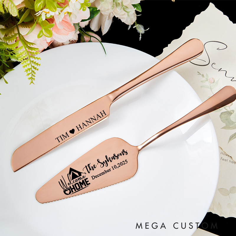 Personalized Cake Knife and Server Set Welcome Home Design Custom Housewarming Gift New Home Dining Accessories with Heart and Housewarming Theme