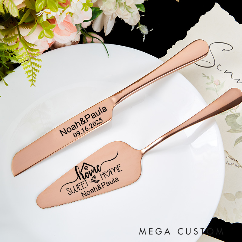 Personalized Cake Knife and Server Set Home Sweet Home Design Custom Housewarming Gift New Home Dining Accessories Unique Engraved Theme for Couples