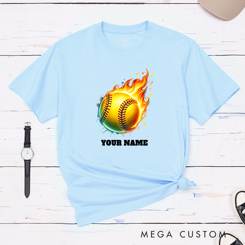 Personalized Fiery Softball T-Shirt Design Customizable Name Featuring a Dynamic Flaming Softball Graphic Perfect for Teams and Players