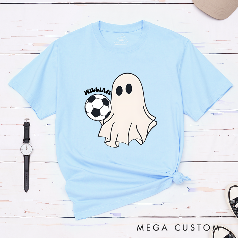 Personalized Halloween Soccer T-Shirt with Cute Ghost, Soccer Ball, and Custom Name Design