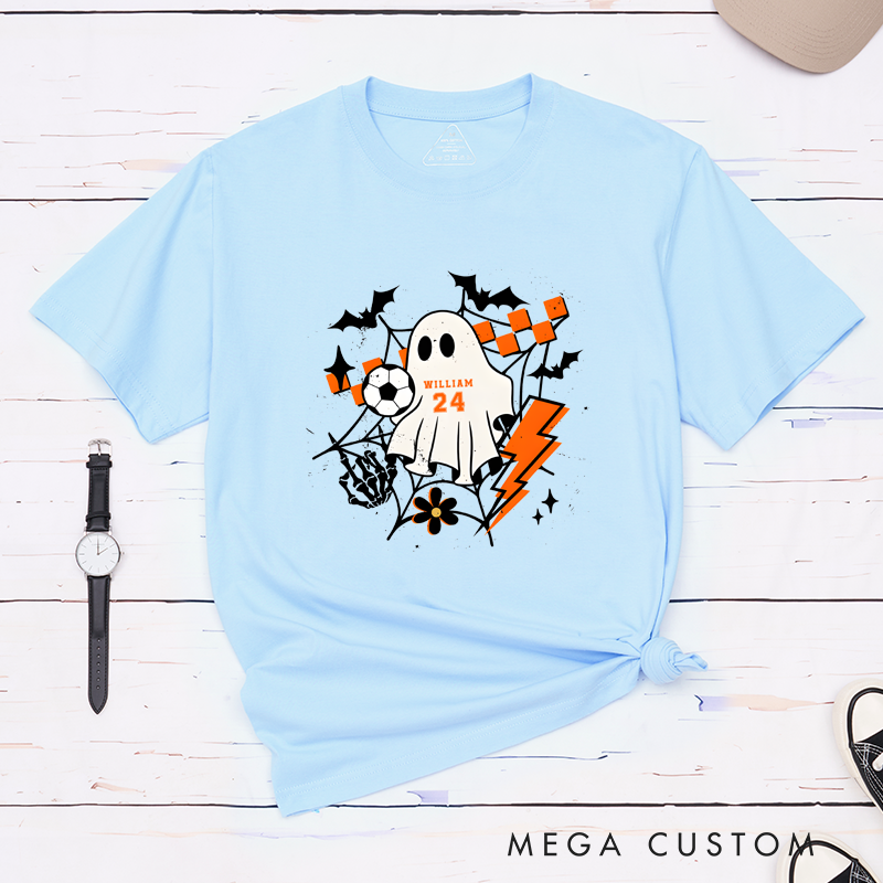 Personalized Halloween T-Shirt with Ghost, Soccer Ball, Custom Name, and Number Design