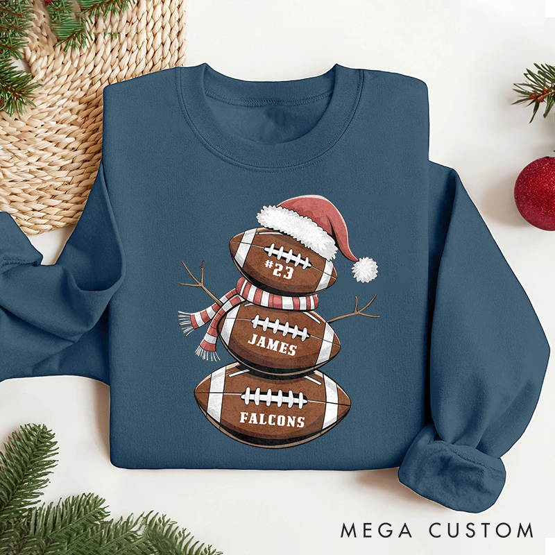 Personalized American Football Snowman Sweatshirt with Custom Name and Number for Cozy Up with Holiday Cheer