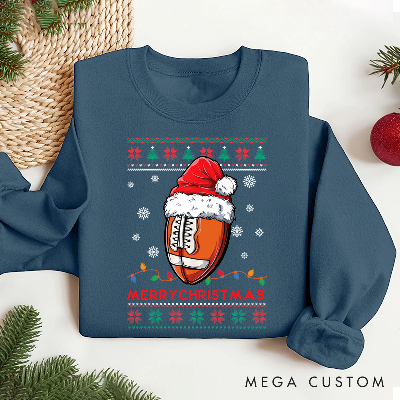 Personalized American Football Design Christmas Sweatshirt with Custom Text,Celebrate the Season in Style