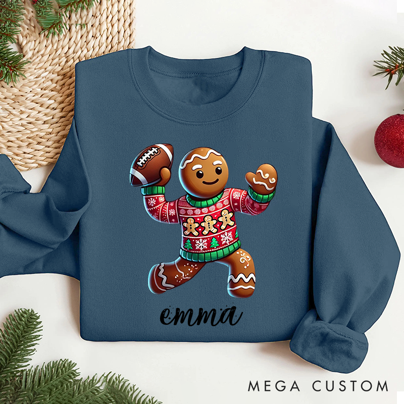 Personalized American Football Gingerbread Design Christmas Sweatshirt with Custom Name