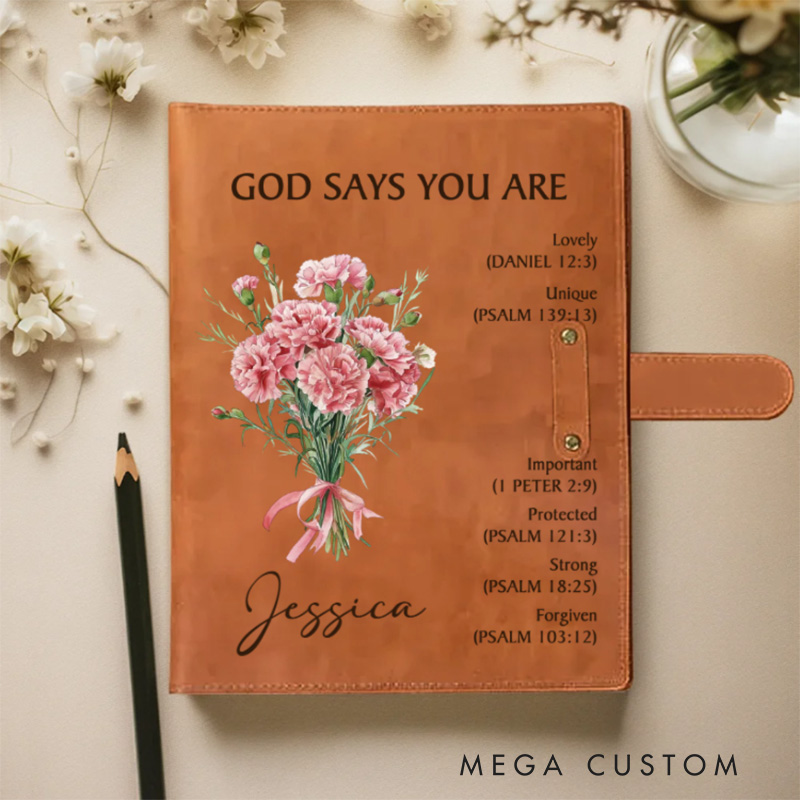 Personalized God Says You are Bible Birth Flower Portable A5 Leather Notebook Cover with Pocket Birthday Inspirational Gift for Women Students