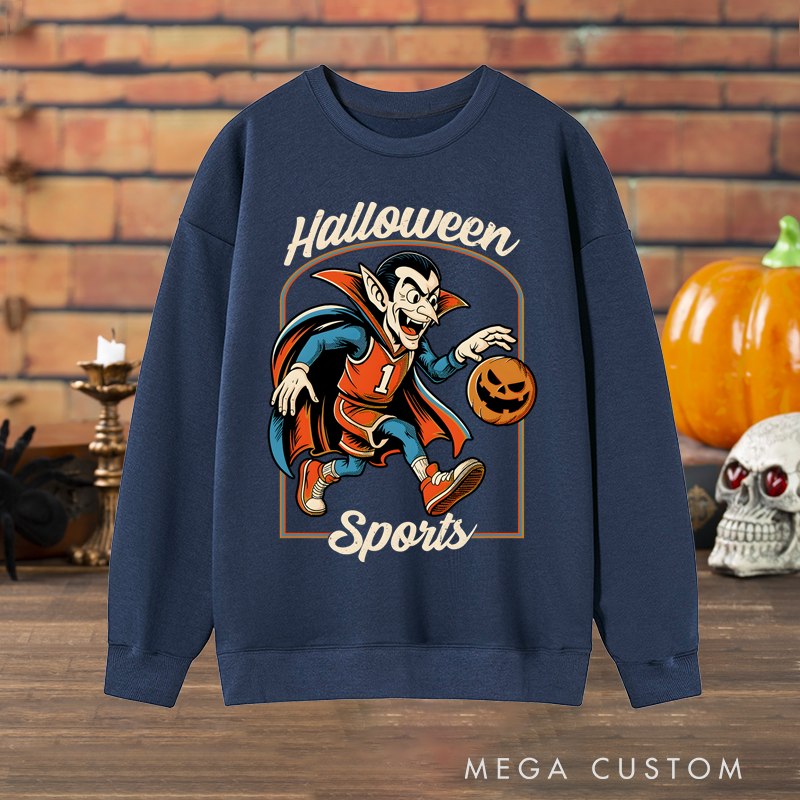 Personalized Halloween Sports Basketball Sweatshirt with Vampire Player, Pumpkin Ball, and Custom Number Design