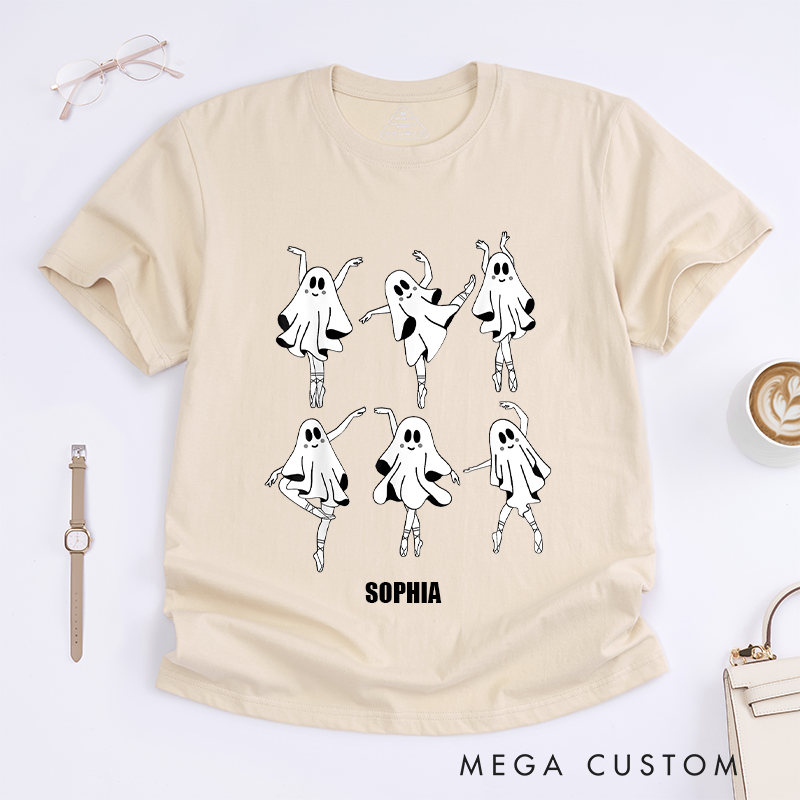 Personalized Cute Ghost Ballet Dancer T-Shirts for Women Custom Name Halloween Dance Lover Gift Unique Spooky Ballet Printed Tee Present