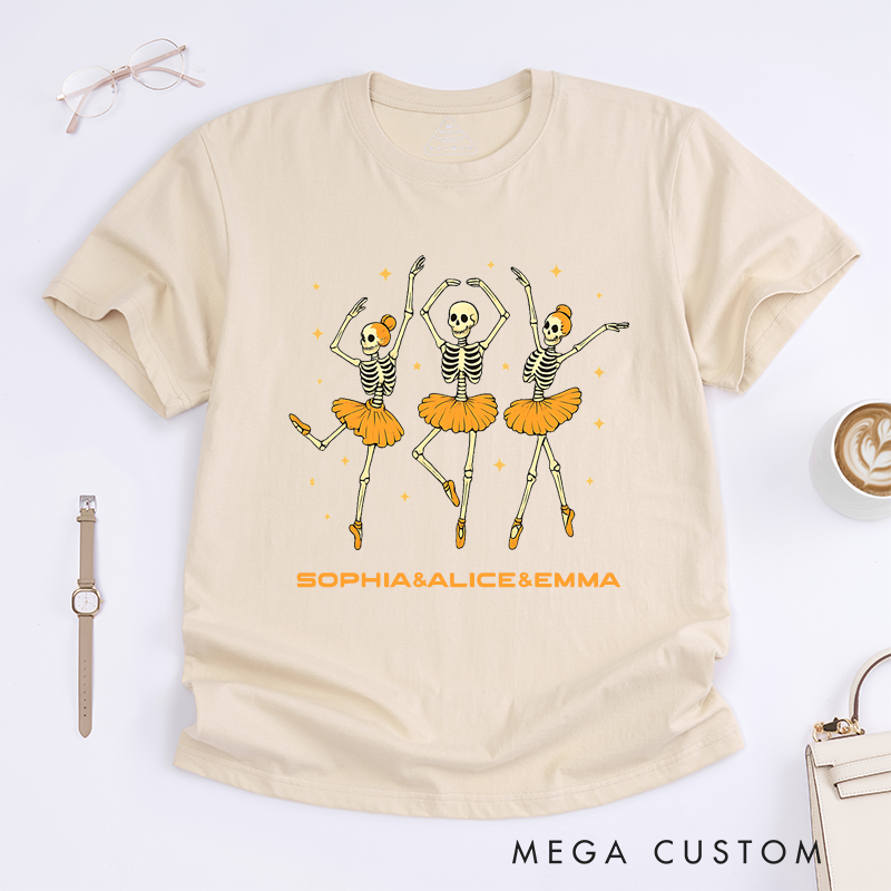 Personalized Skeleton Ballet Dancer T-Shirts Spooky Halloween Funny Dancing Skeletons Custom Name Gift for Ballet Lover Women Girls