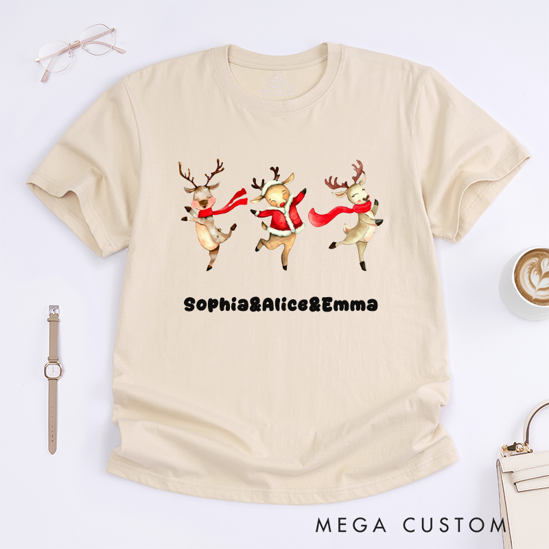 Personalized Christmas Reindeer T-Shirts Women Custom Name Cute Gift Unique Christmas Top for Girls Family Friends Outfit