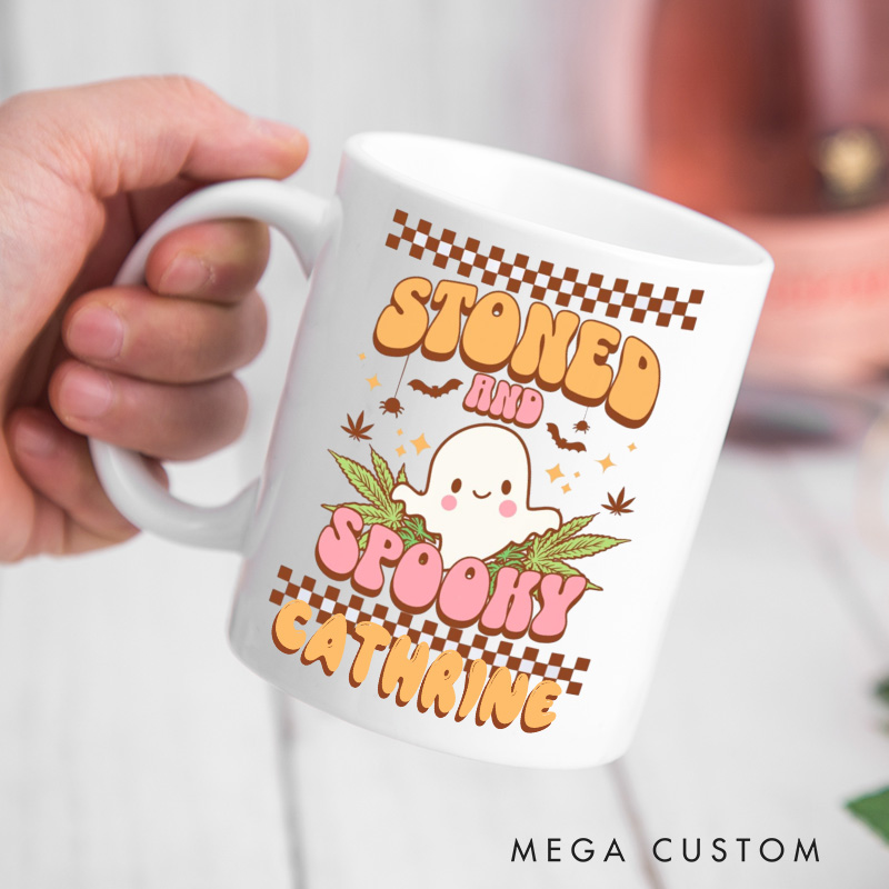 Personalized Stoned and Spooky Mugs Halloween Ceramic Mug with Name Ghost and Pumpkin Coffee Mug for Baking Lover Gift