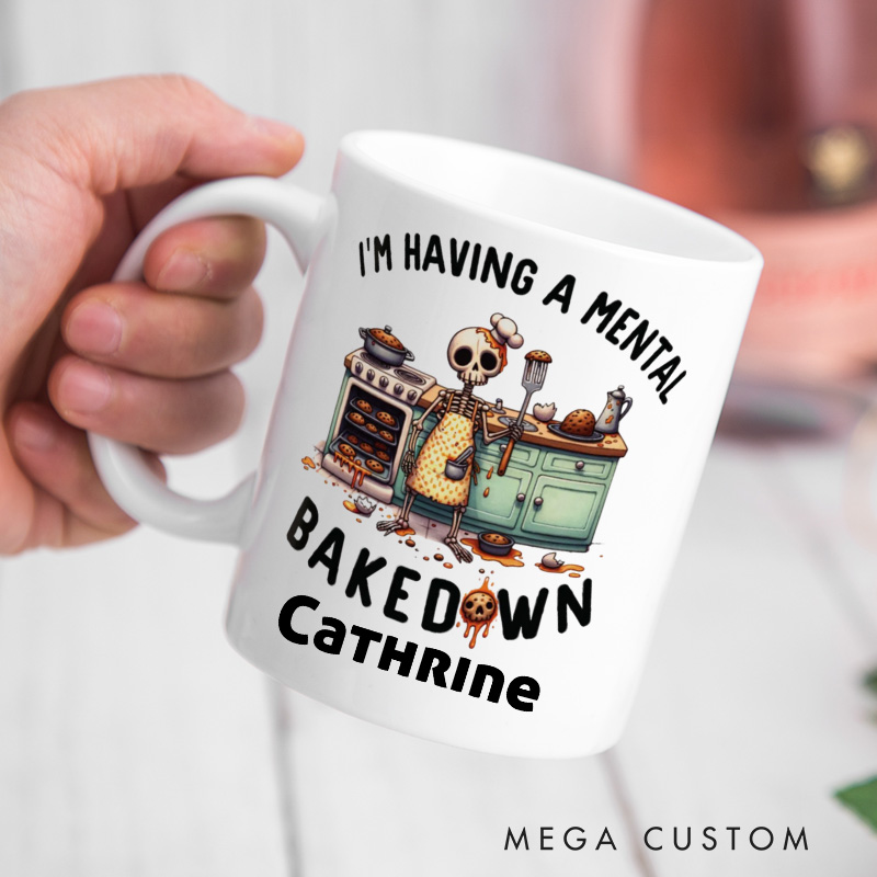 Personalized I'm Having a Mental Bake Down Mugs Custom Skeleton Baker Mug with Name Baking Kitchen Coffee Mug for Baking Lover Gift