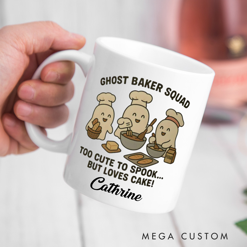 Personalized Ghost Baker Squad Mugs too Cute to Spook Baking Mug with Name Custom Ghost Baker Coffee Cup for Baking Lover Gift
