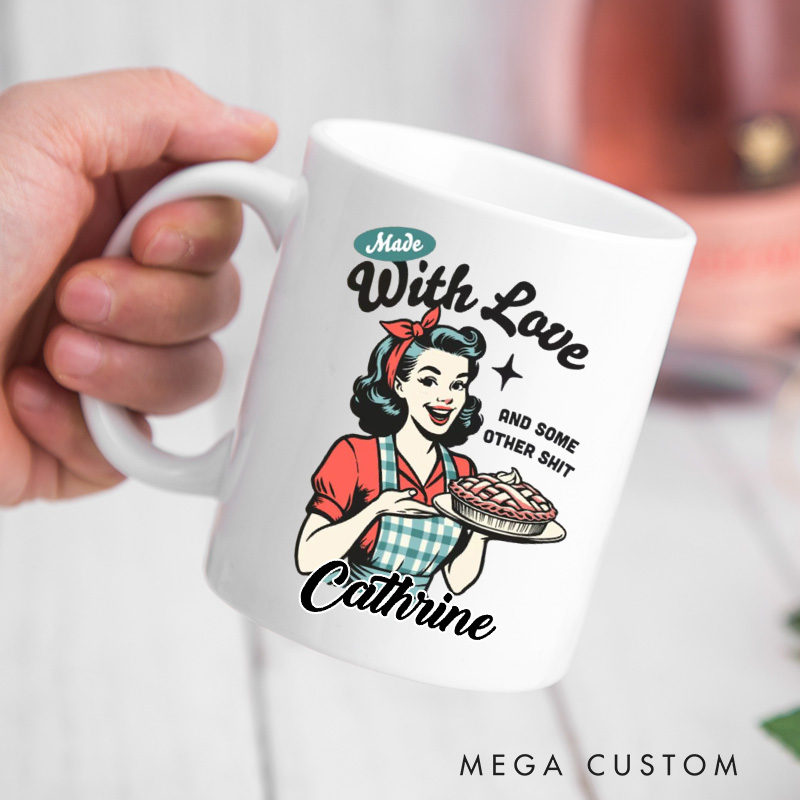 Personalized Made with Love Mugs Retro Pie Maker Coffee Mug with Name Vintage Baker Coffee Cup for Baking Lover Gift