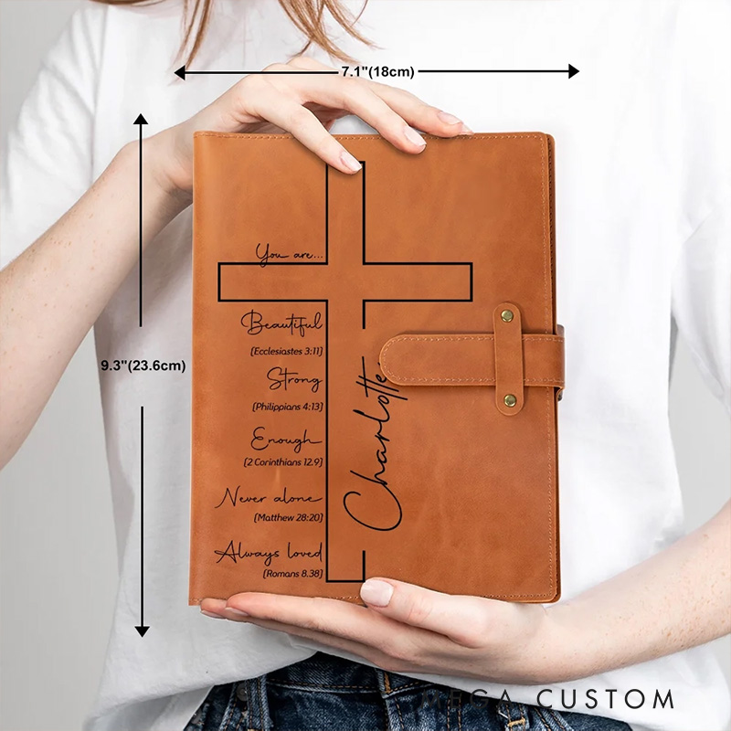 Personalized Cross Bible Verse Portable A5 Leather Notebook Cover with Pocket Birthday Religious Baptism Gift for Family Friends Christians