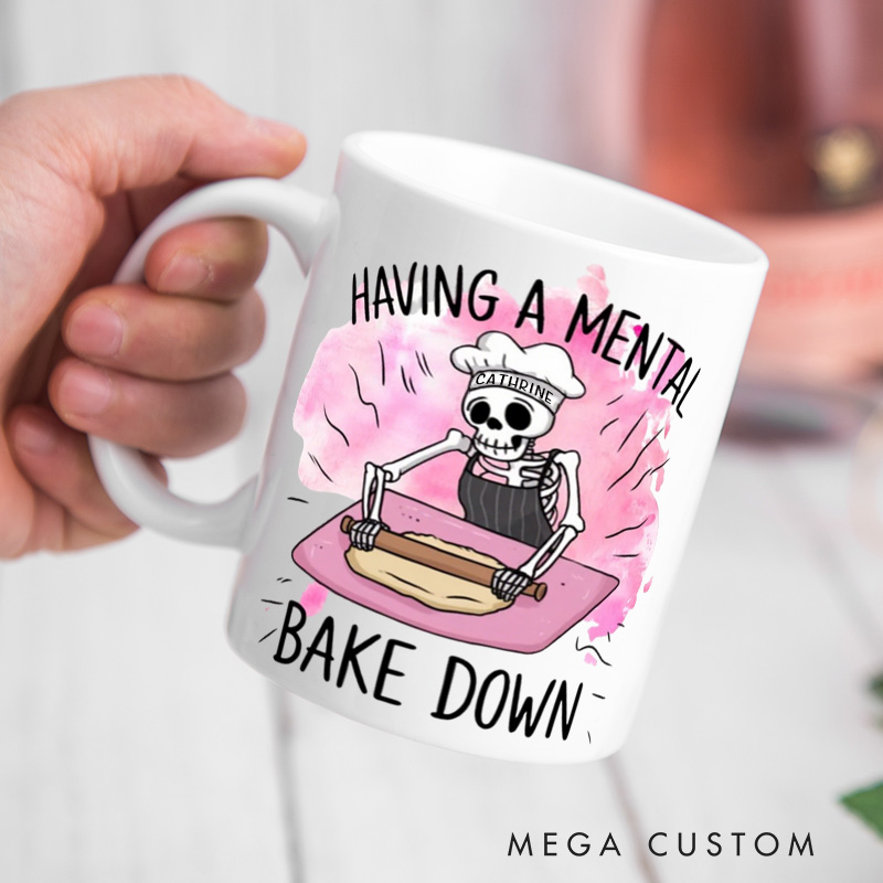 Personalized Having a Mental Bake Down Mugs Custom Halloween Skeleton Baking Cup with Name Baker Coffee Mug for Baking Lover Gift