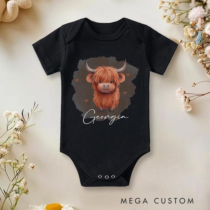 Personalized Highland Cow Baby Onesie with Name Birthday Gift for Highland Cow Lover