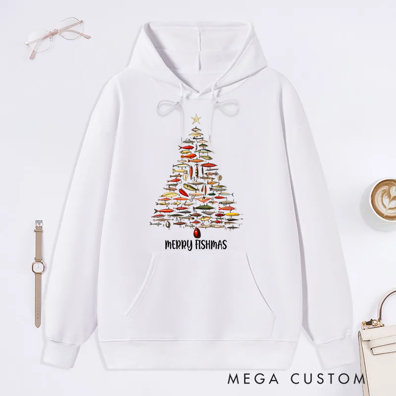 Personalized Fishing Hoodie Classic Hoodie Fishing Lure Christmas Tree Design Perfect Gift for Fishing Lover During the Holiday Season