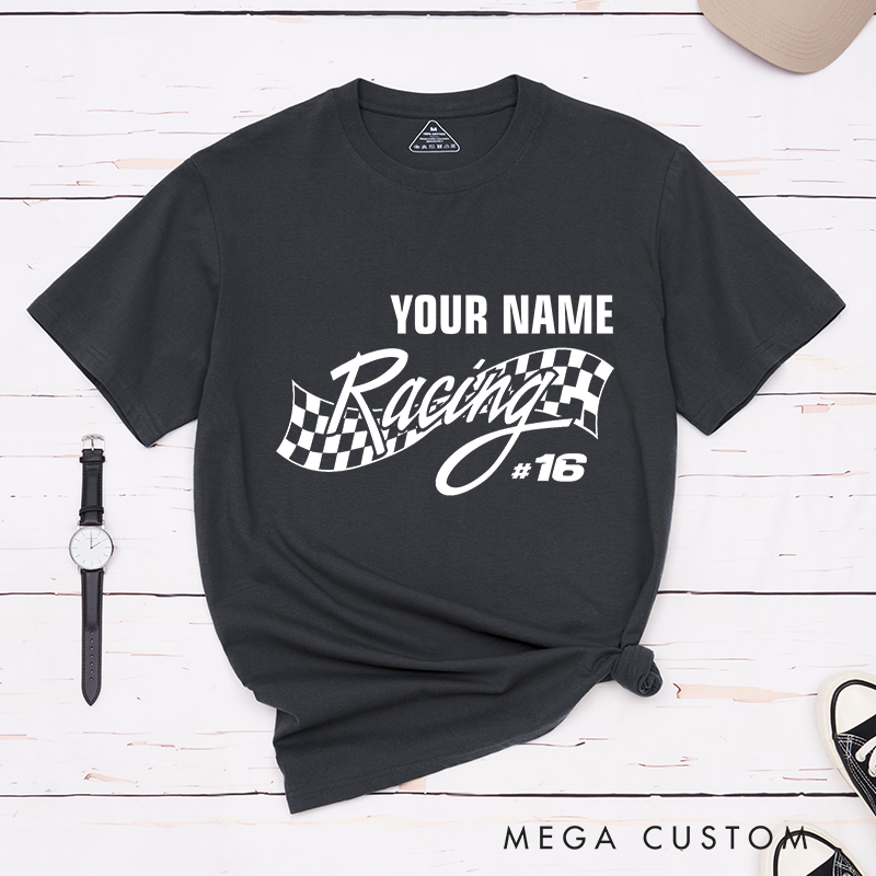 Personalized Racing T-Shirt with Dynamic Checkered Flag for Outdoor Adventures Riding Cycling Biking Enthusiasts