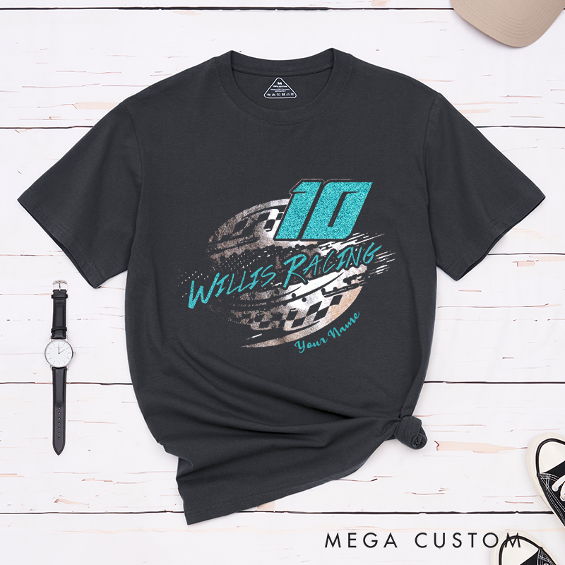 Personalized Custom Racing T-Shirt Eye-Catching Speed Graphic with Checkered Flag and Bold Colors for Outdoor Adventures Riding Cycling Biking Enthusiasts