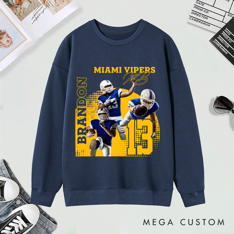 Personalized American Football Sweatshirt with Custom Photo, Name, Team Name, and Number Design