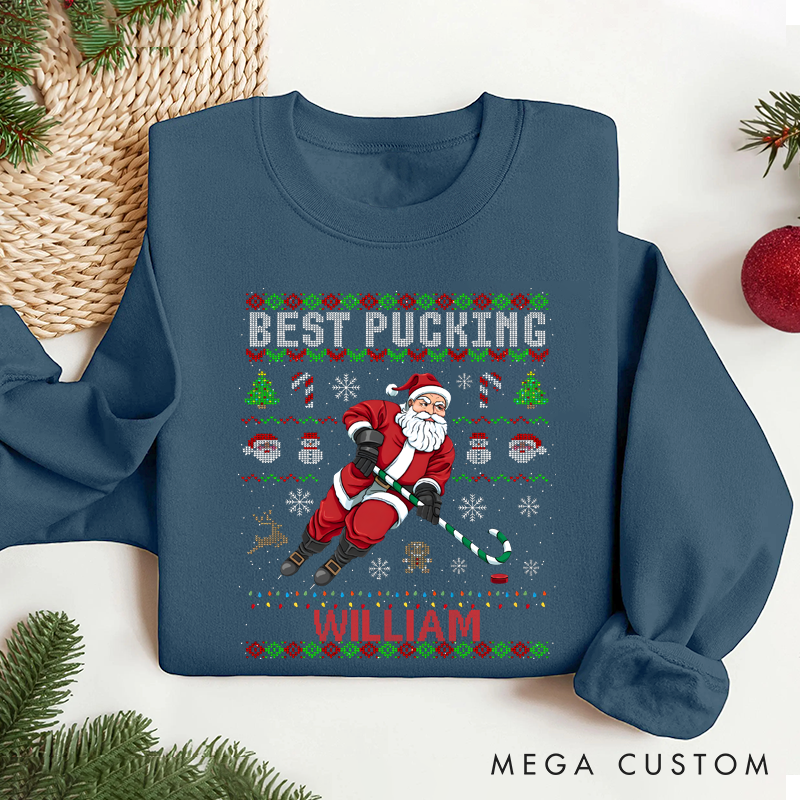 Personalized "Best Pucking" Hockey Christmas Sweater with Custom Name