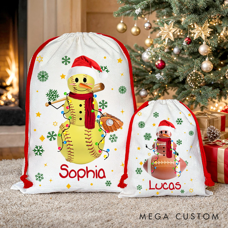 Personalized Christmas Sack with Snowman, Sports Theme, and Custom Name  