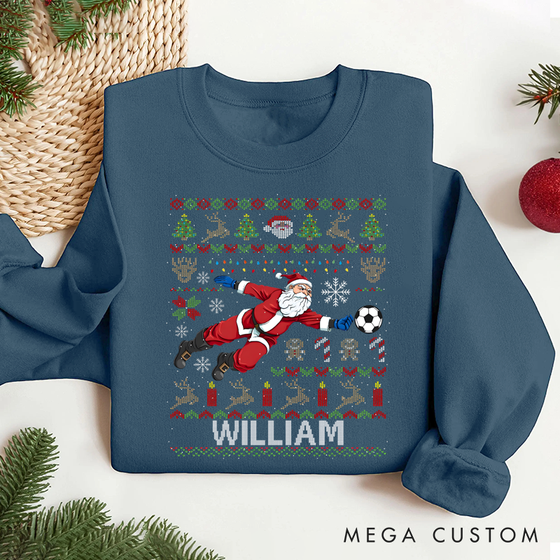Personalized Soccer Christmas Sweater with Santa Design and Custom Name