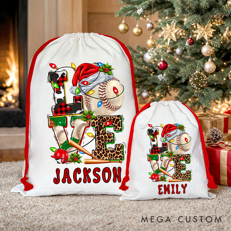 Personalized "Love Baseball" Christmas Sack with Custom Name Design
