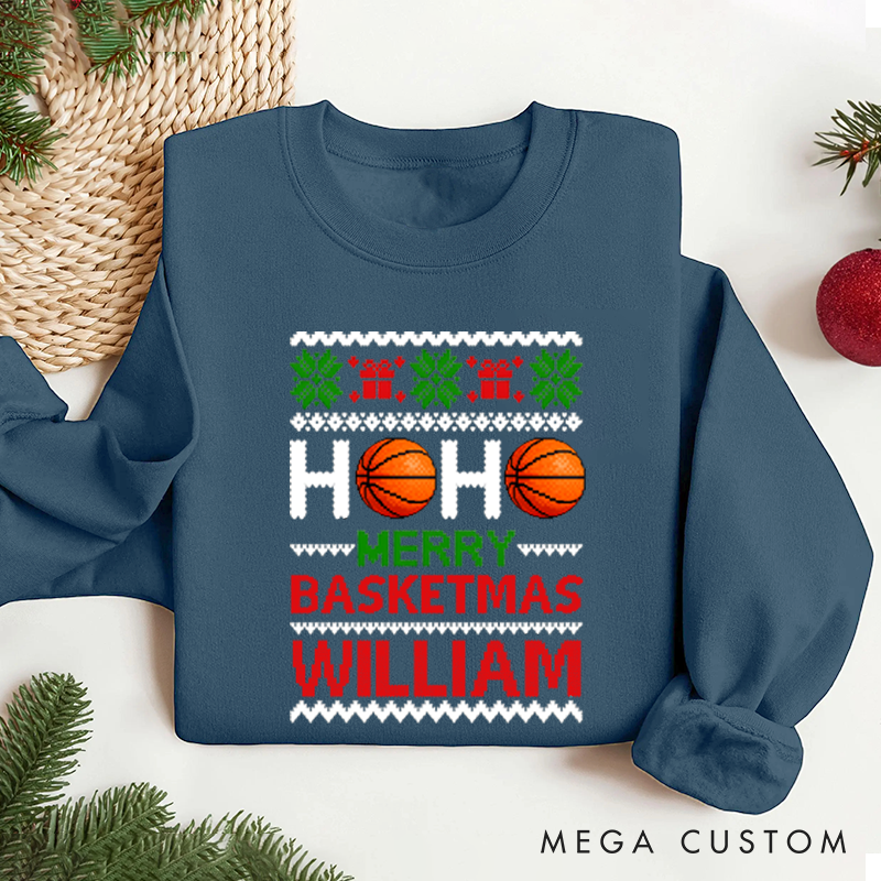 Personalized Basketball Christmas Sweatshirt with Festive Design and Custom Name