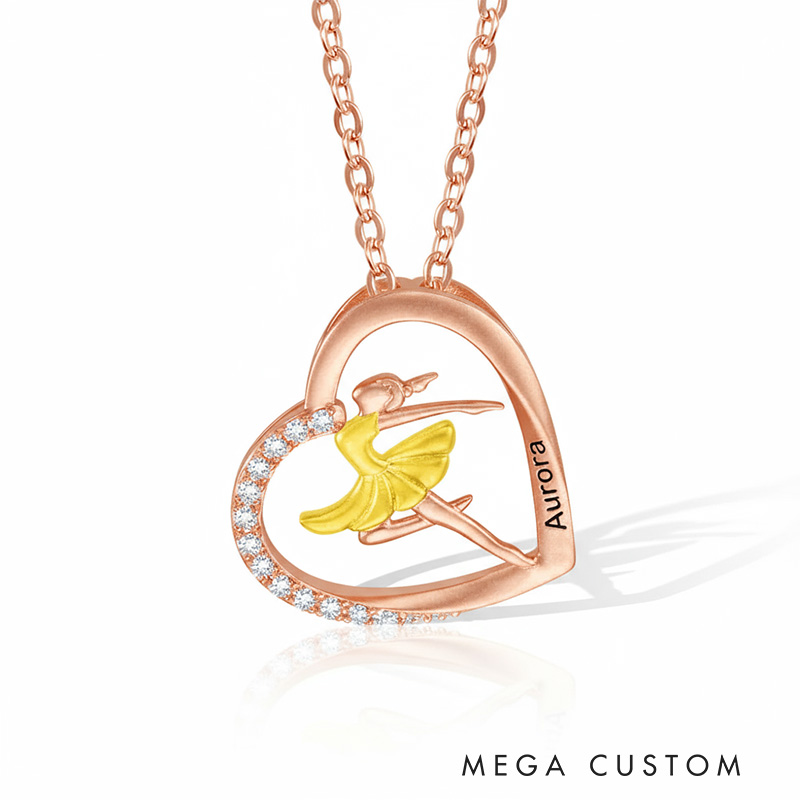 Personalized Ballet Dancing Girl Necklace Engraved Name Heart Pendant Jewelry Gift for Ballerina Dancer Dance Lovers