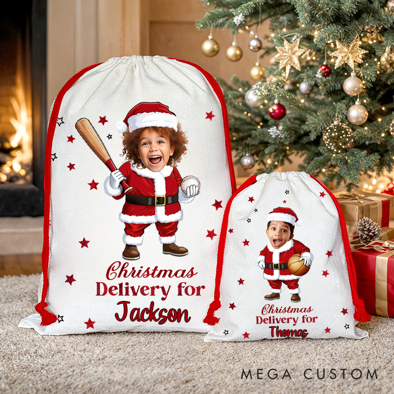 Personalized Santa Playing Sports Christmas Sack with Custom Name and Unique Photo