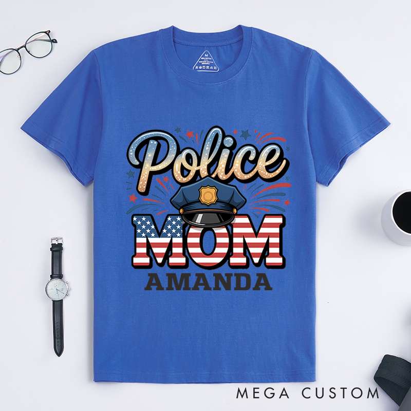 Personalized Police Mom T-Shirt with Patriotic Design and Custom Name Gift for Proud Moms 
