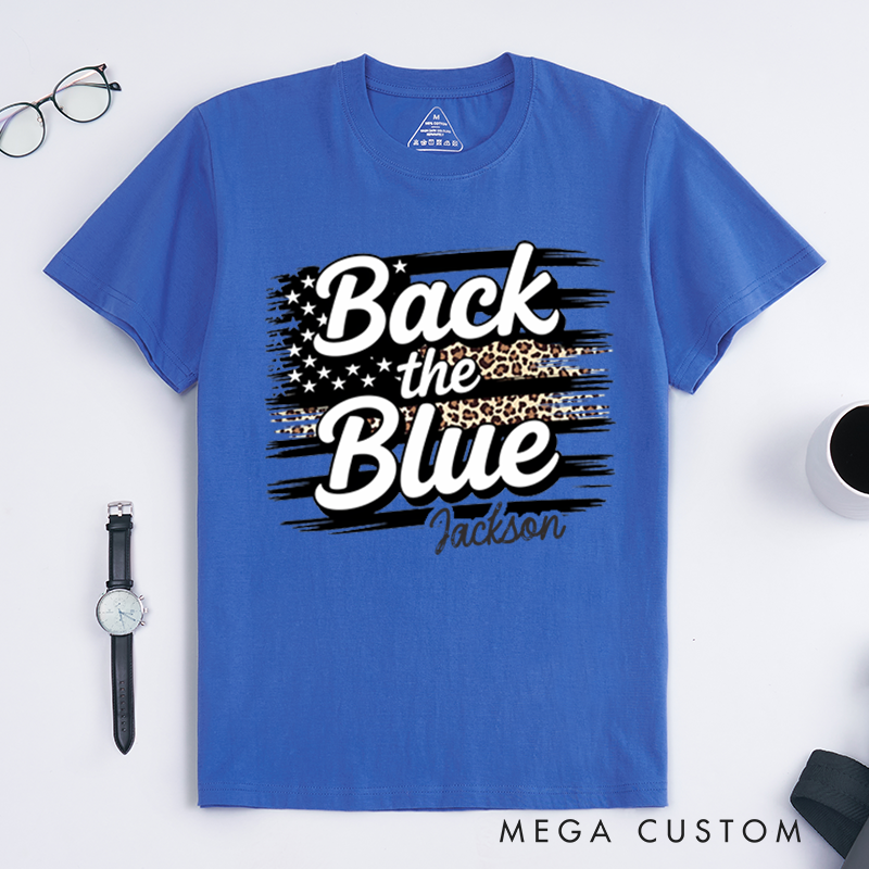 Personalized Back the Blue T-Shirt with Leopard Print and American Flag Design Gift for Police Supporters