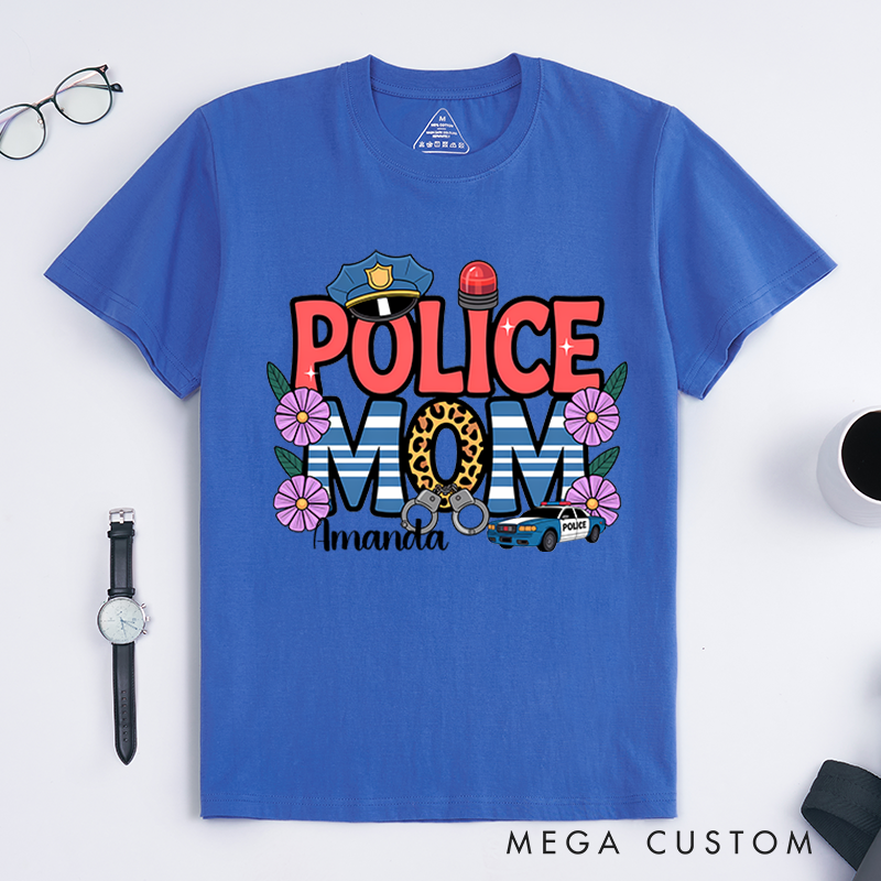 Personalized Police Mom T-Shirt with Floral and Police Themed Design Gift for Proud Law Enforcement Moms