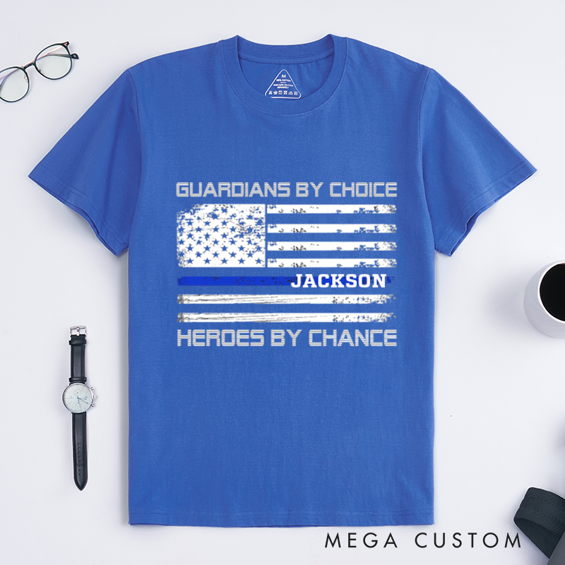 Personalized Guardians by Choice T-Shirt with Thin Blue Line American Flag Design Gift for Law Enforcement Supporters
